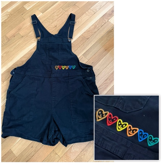 Target Black Denim Shortalls Rainbow Hearts XXL Pride Y2K inspired - Picture 1 of 8